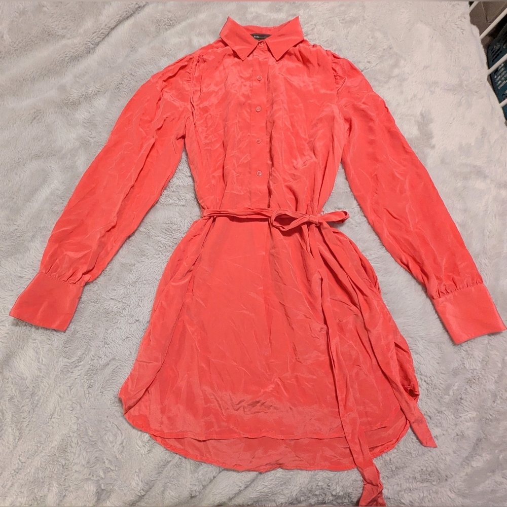 BCBGMaxAzria Long Sleeve Silk Tunic Shirtdress in Geranium Size S